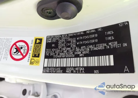 2015 Toyota Highlander Limited V6 z USA, uszkodzony, nr VIN 5TDYKRFH6FS059459